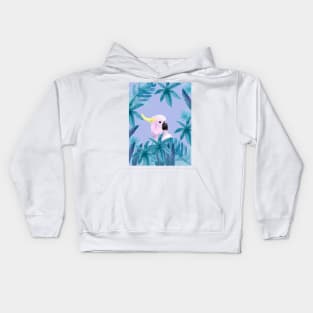 Cockatoo with tropical leaves in watercolor and a violet background Kids Hoodie